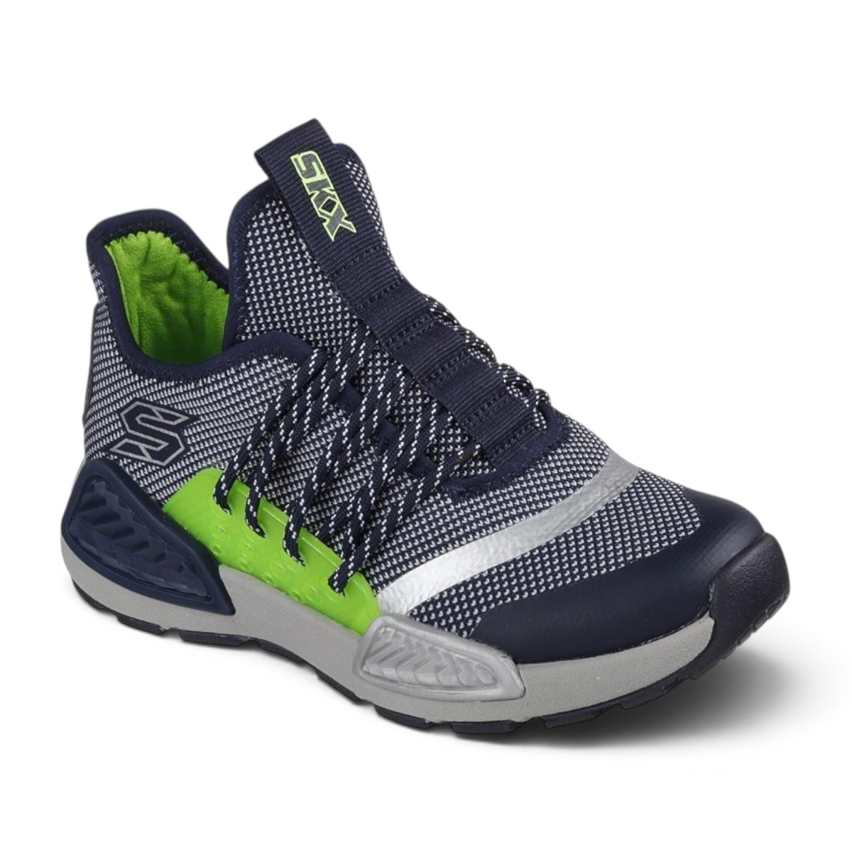 FRG KINECTORS navy blue and grey athletic sneakers with lime green accents and slip-on mesh design