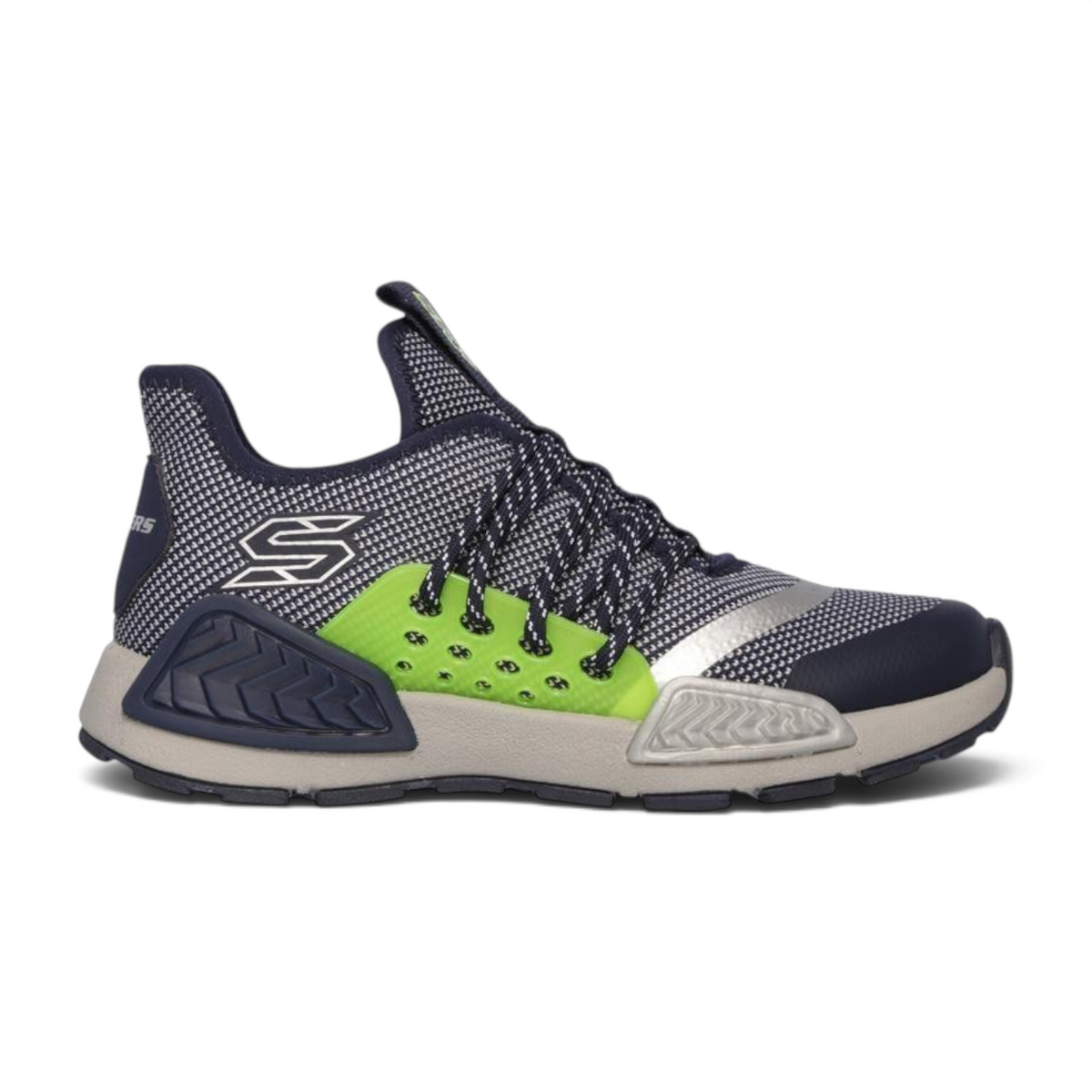 FRG KINECTORS athletic sneaker in navy blue and grey mesh with neon green side accents and lace-up closure