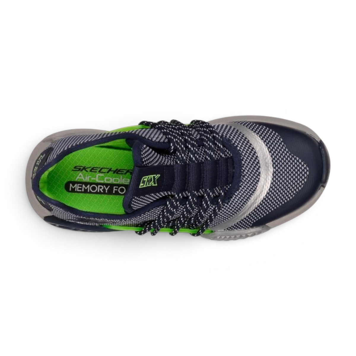 FRG KINECTORS navy blue and lime green athletic sneaker with mesh upper and memory foam insole, top view