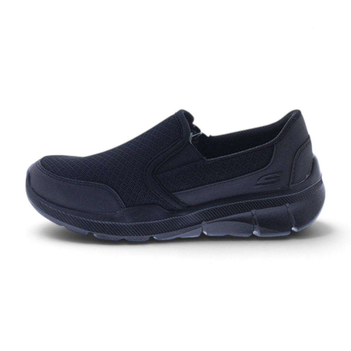 FRG Skechers Equalizer 3.0 all-black slip-on school uniform shoe with breathable mesh upper and cushioned sole