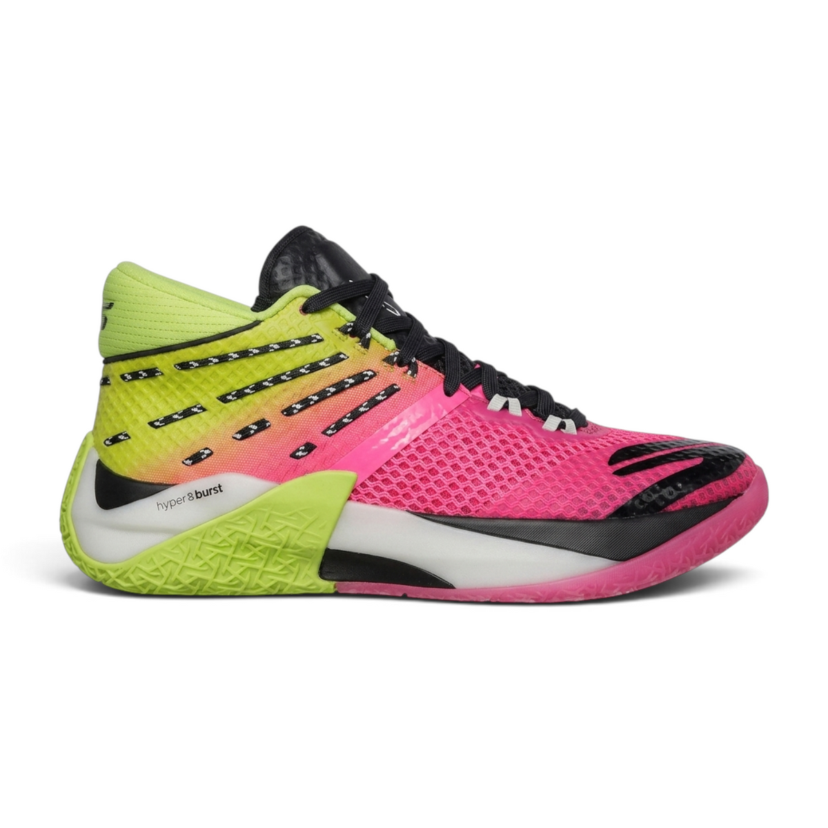 FRG Skechers Basketball REIGN mid-top shoes in vibrant pink and lime green with mesh upper and Hyper Burst sole