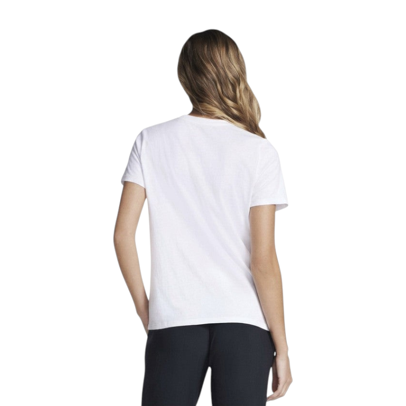 FRG ANTA snow white short sleeve cross training t-shirt worn by a woman, back view showing cotton blend fabric