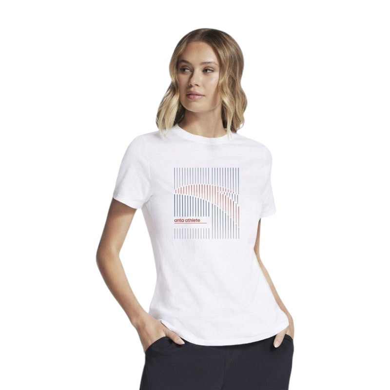 FRG ANTA snow white short sleeve cross training t-shirt with graphic print worn by a woman