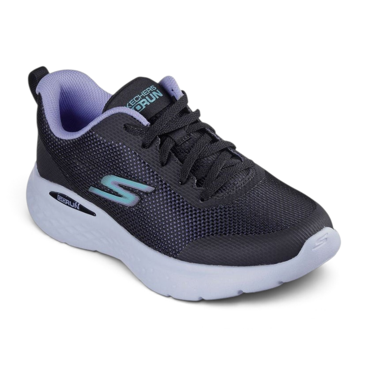 FRG Skechers Go Run Lite running sneaker in black mesh with lavender lining and cushioned white sole