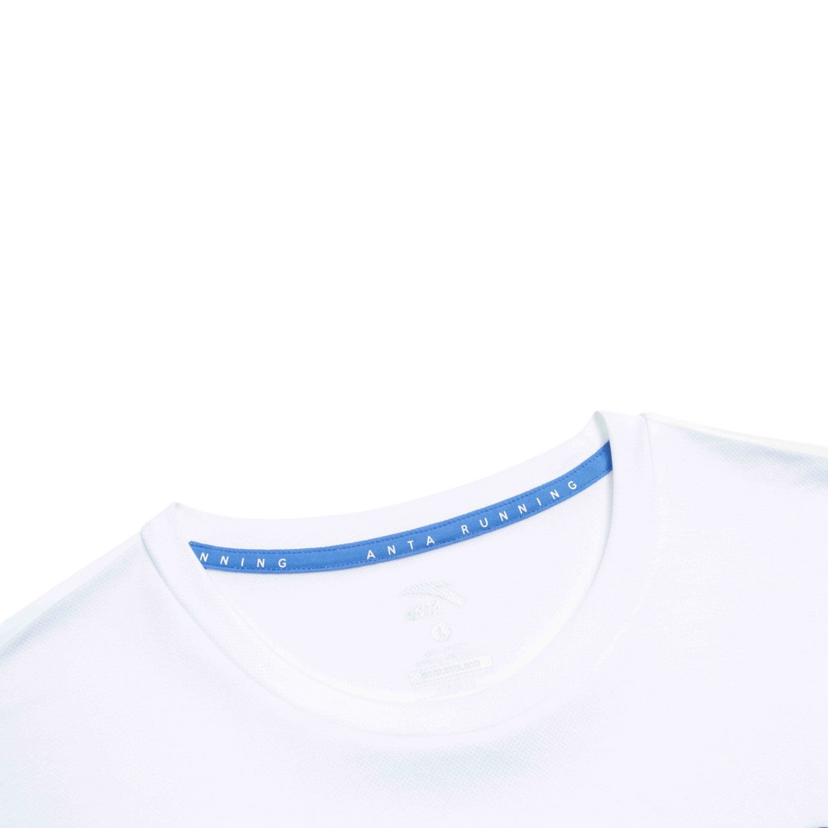 FRG ANTA pure white running short sleeve t-shirt with blue inner collar detail and breathable fabric texture