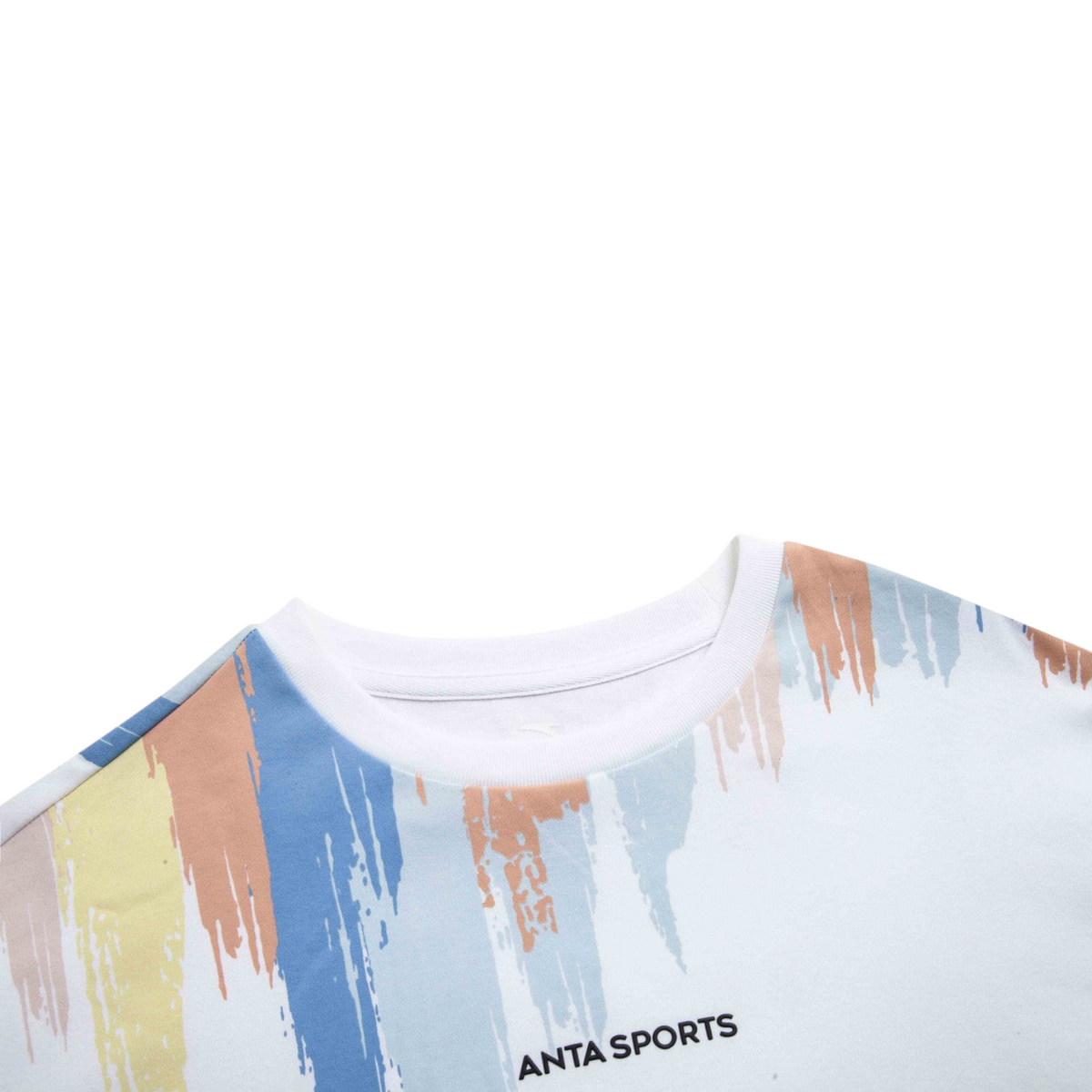 FRG ANTA A-Wind cotton short sleeve t-shirt in snow white with a blue, yellow, and tan brushstroke print design.