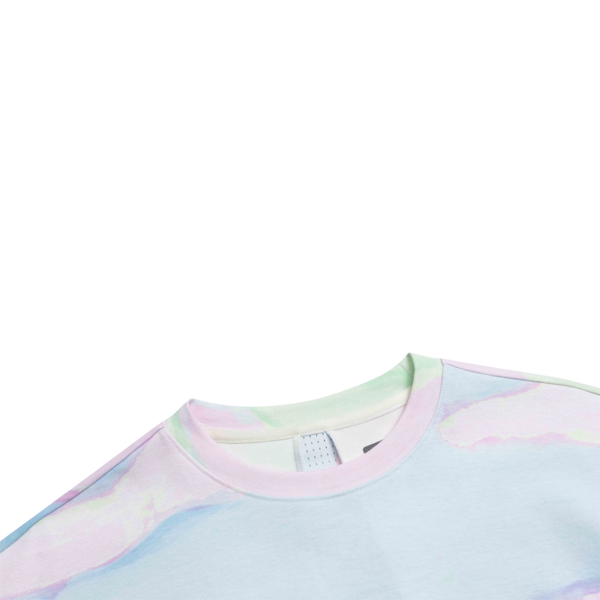FRG short sleeve t-shirt featuring a pastel tie-dye marble pattern in soft blue, pink, and green hues