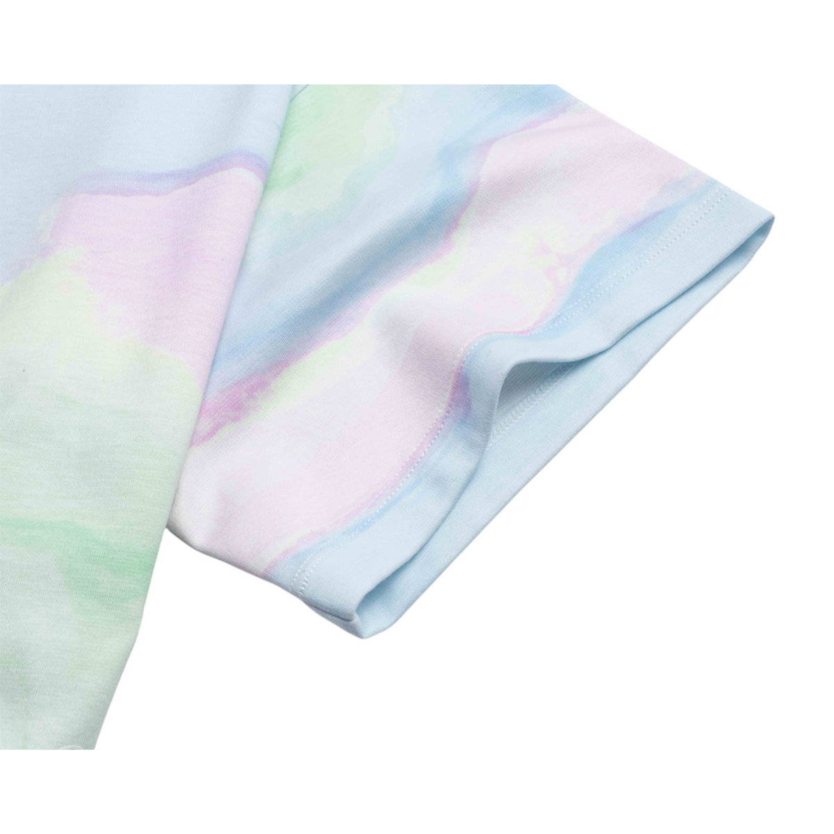 FRG short sleeve t-shirt featuring a soft pastel watercolor tie-dye pattern in blue, pink, and green cotton fabric.