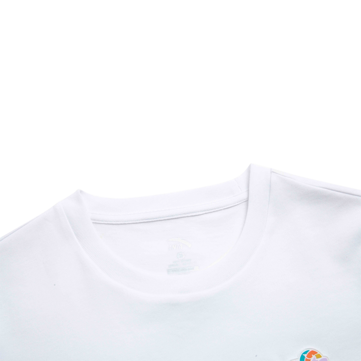 FRG white short sleeve crew neck t-shirt with a small colourful logo detail on the chest