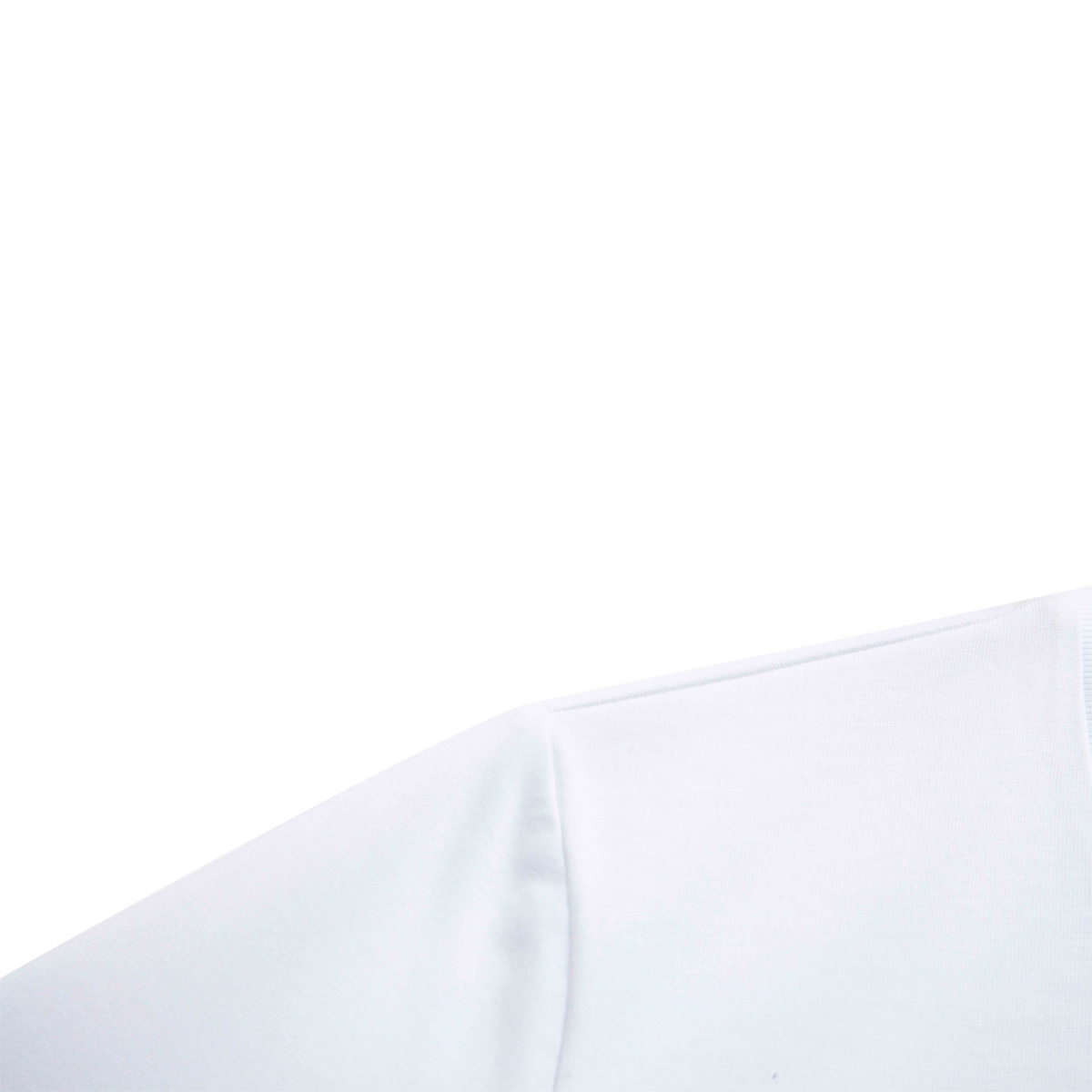 Close-up of the shoulder and sleeve seam of a plain white FRG short sleeve t-shirt