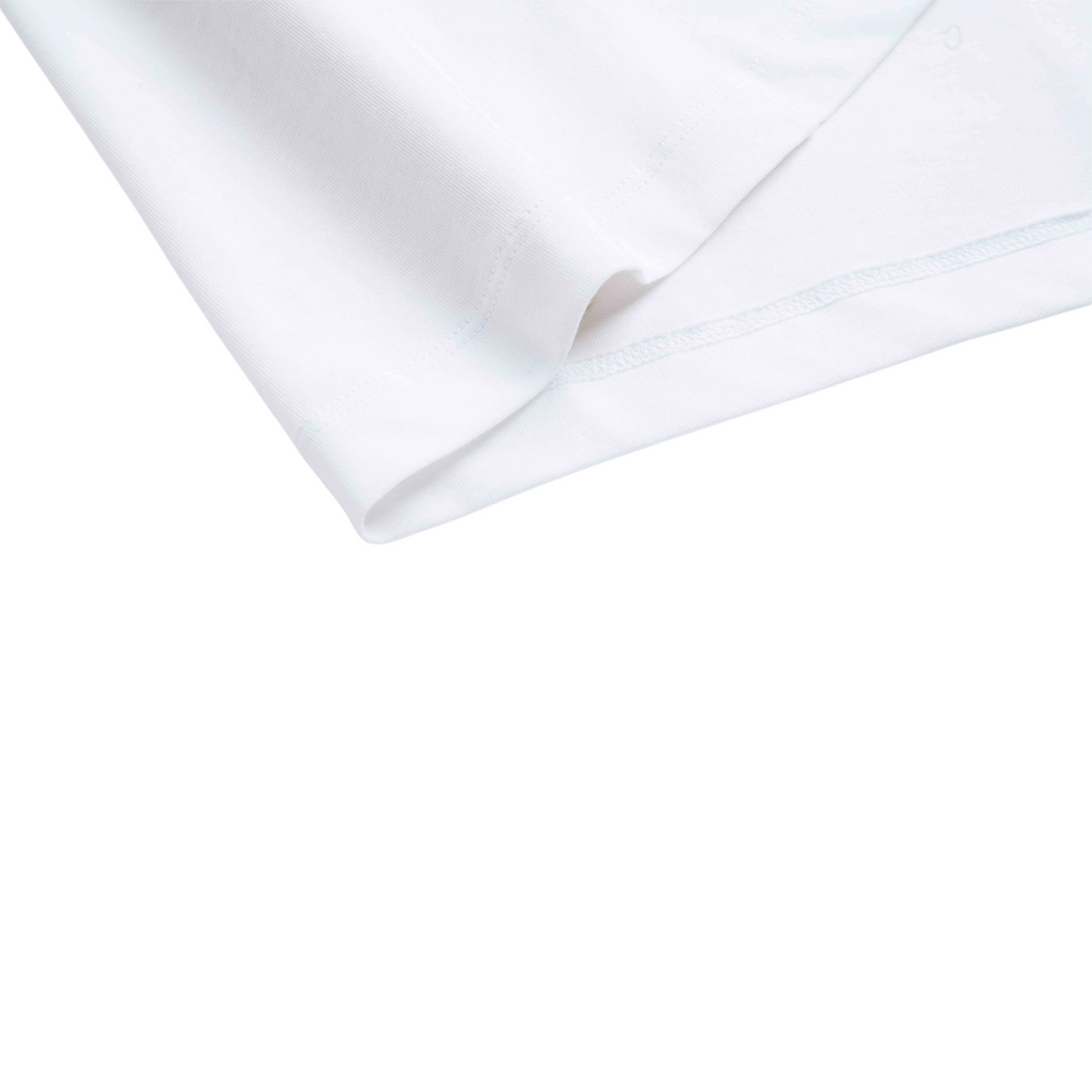 Close-up of a white FRG SS TEE showing the soft cotton fabric and clean hem stitching