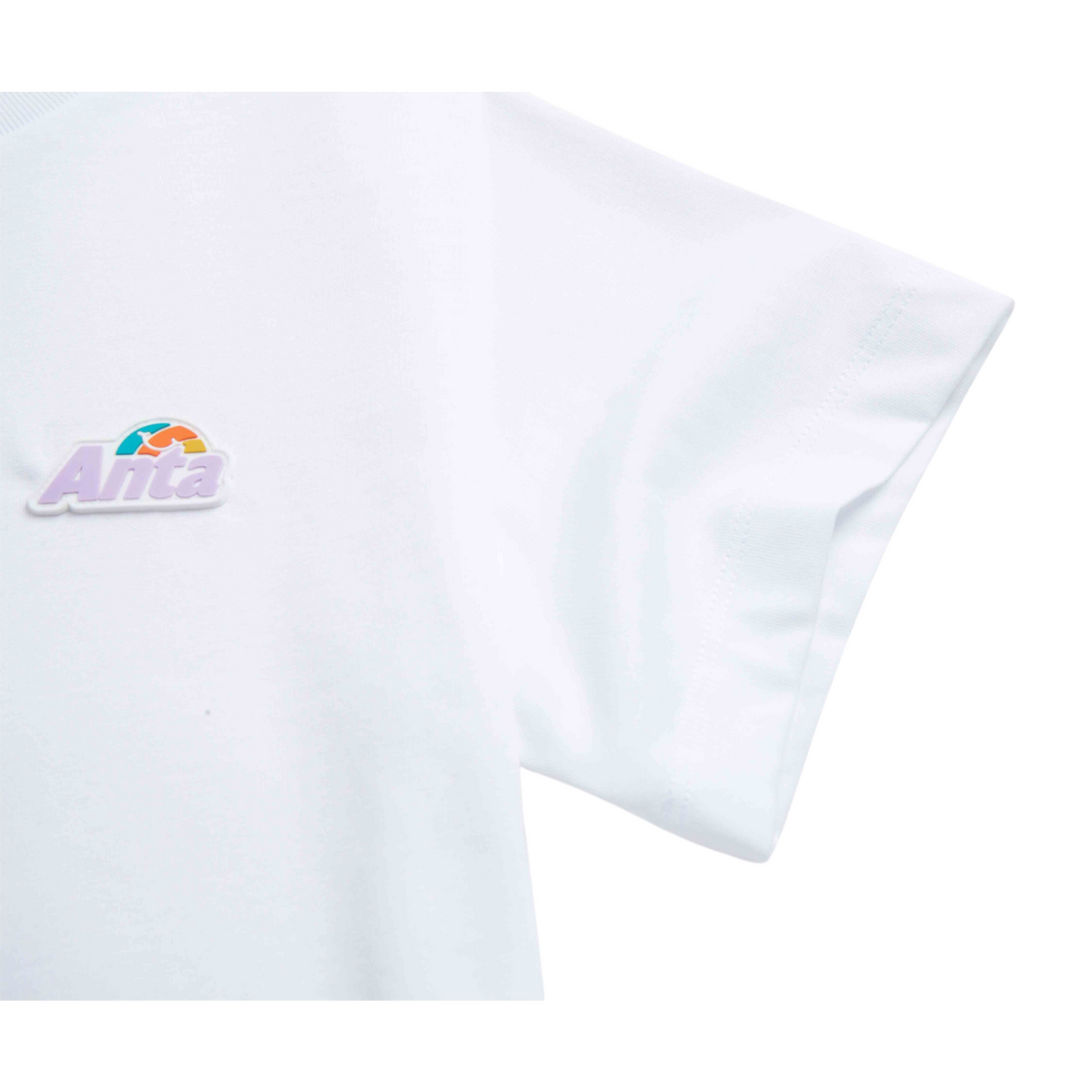 FRG white short sleeve t-shirt featuring an embroidered Anta logo with a colorful rainbow arc detail on the chest
