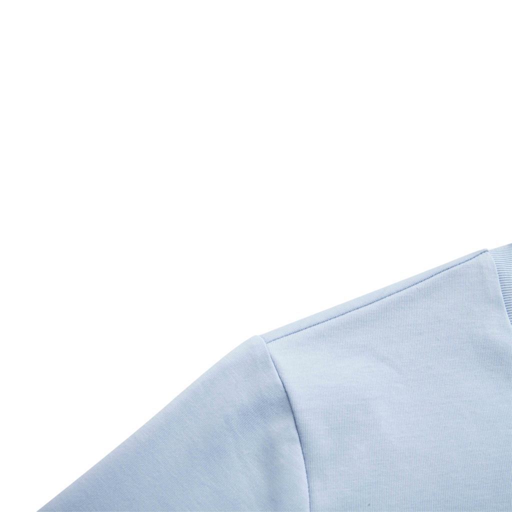 FRG light blue short sleeve cotton t-shirt shoulder detail showing clean stitching