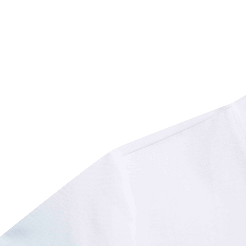 Close-up of the white cotton fabric and sleeve seam of a FRG SS TEE