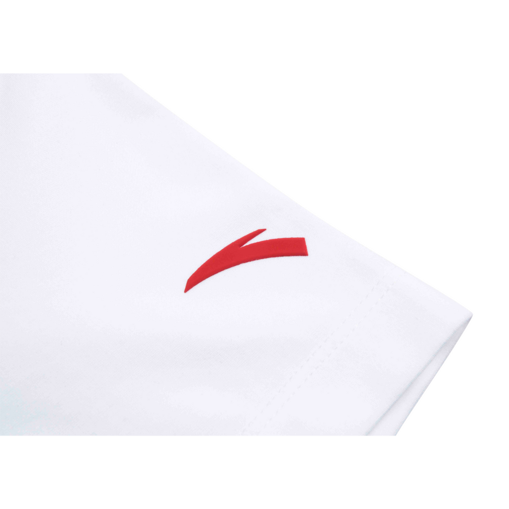 FRG white short sleeve t-shirt featuring a red rubberized logo detail on the fabric