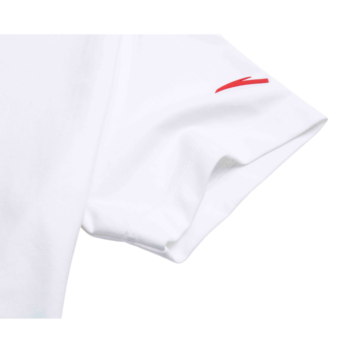 FRG white short sleeve t-shirt featuring a small red logo detail on the sleeve