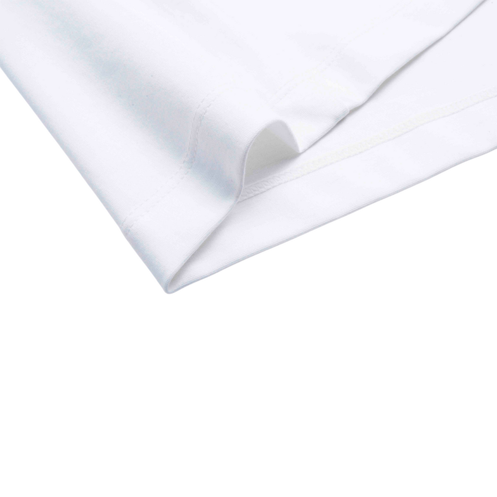 Close-up of the white cotton hem and stitching on an FRG SS TEE short sleeve shirt.