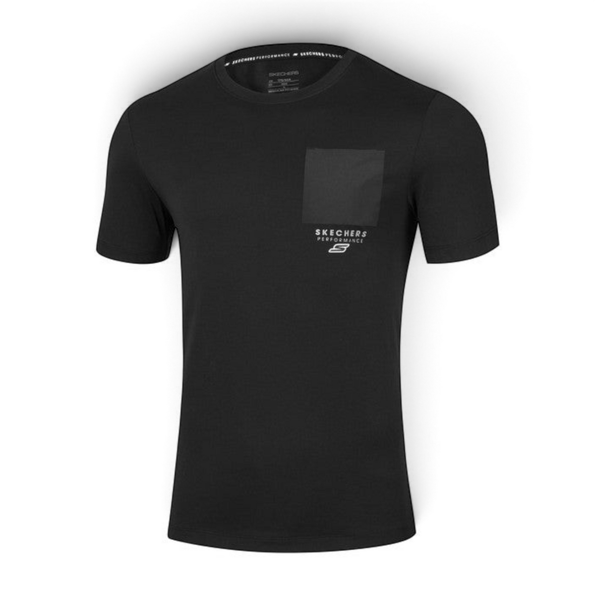 FRG Skechers Performance black crew neck t-shirt with a chest pocket and white logo branding