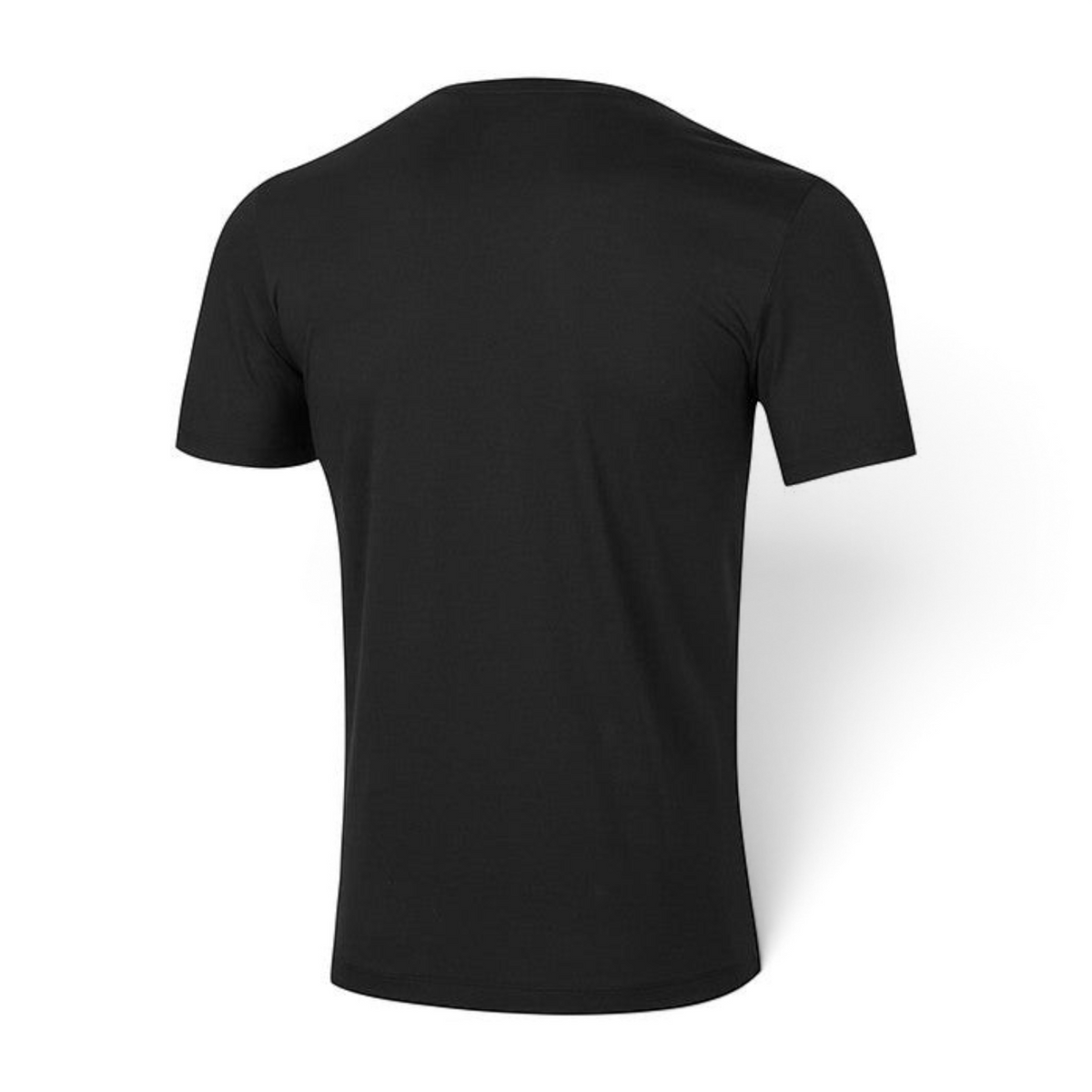 Back view of a plain black FRG performance t-shirt with short sleeves and a crew neckline