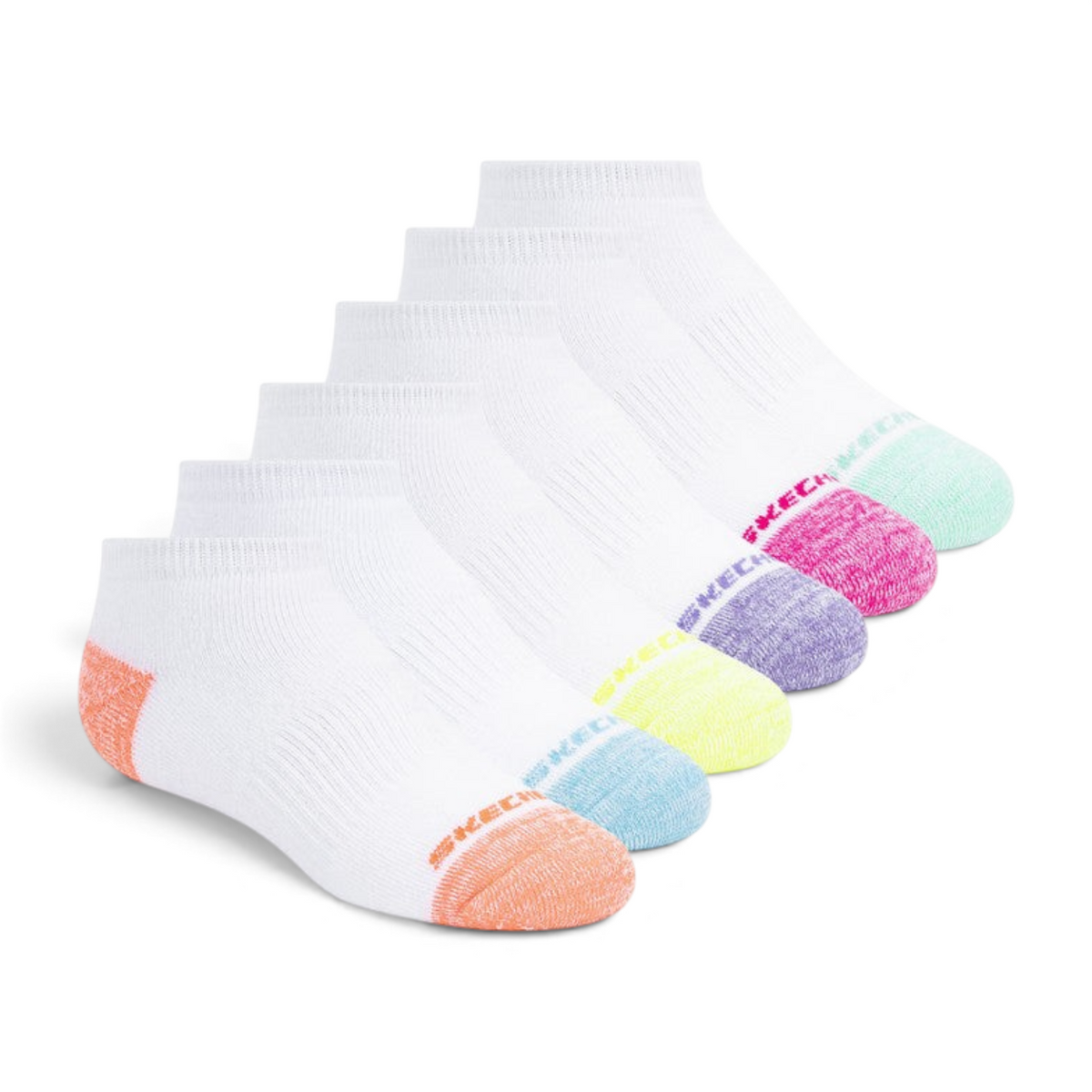 FRG six pack of girls white no-show terry socks featuring colourful neon toes and heels