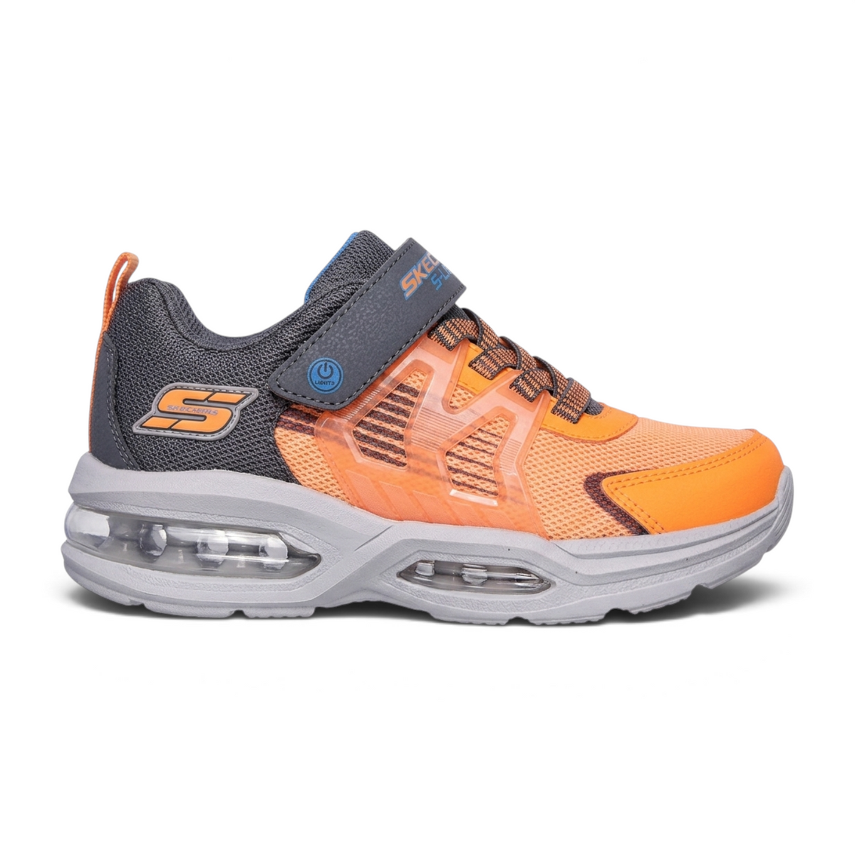 FRG Skechers S LIGHTS: PRISMATRONS kids sneakers in orange and grey mesh with light-up sole and hook-and-loop strap