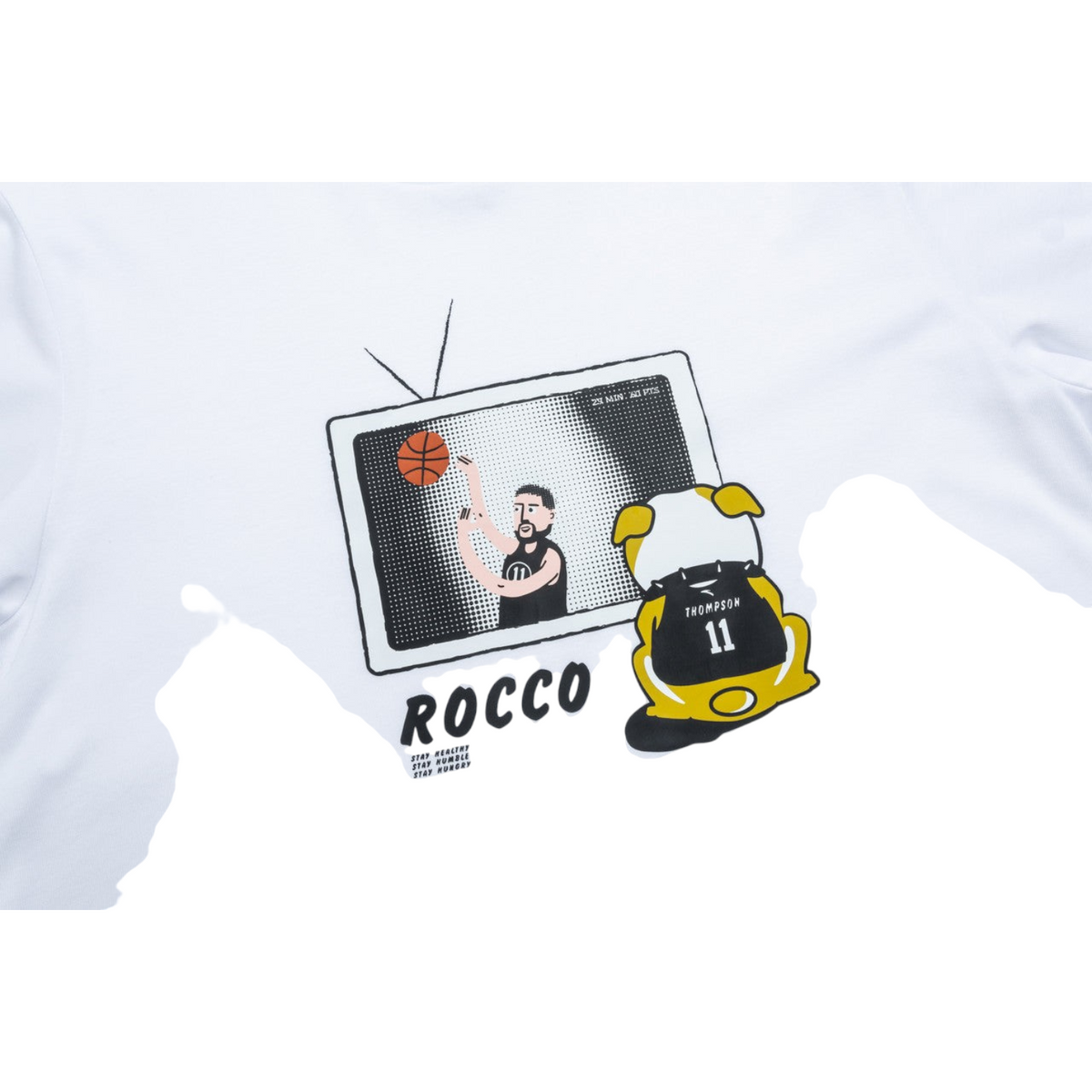 FRG ANTA KTEE pure white cotton t-shirt featuring a graphic print of a basketball player and Rocco the bulldog