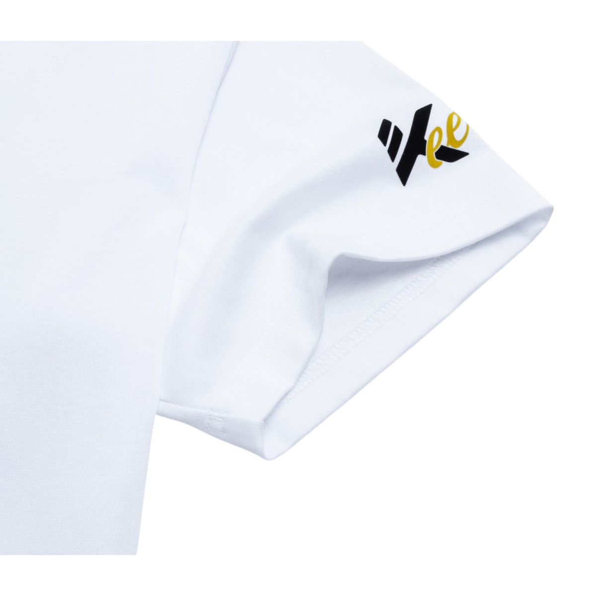 FRG ANTA KTEE pure white cotton basketball t-shirt sleeve detail with black and yellow logo graphic