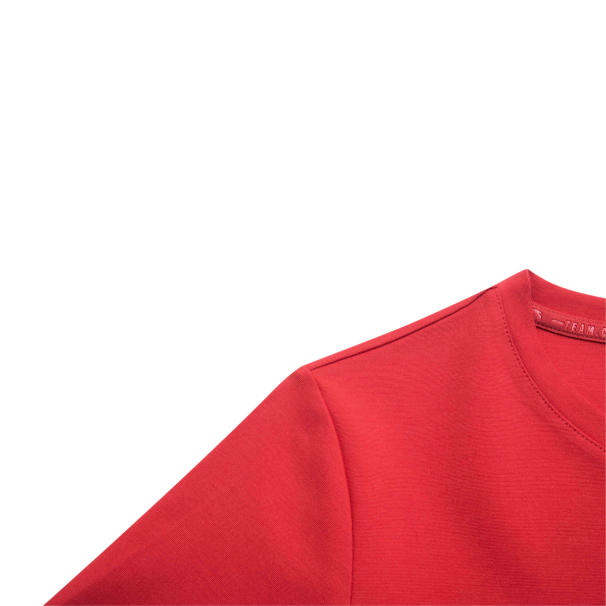 FRG red short sleeve crew neck t-shirt with internal branding detail on the collar