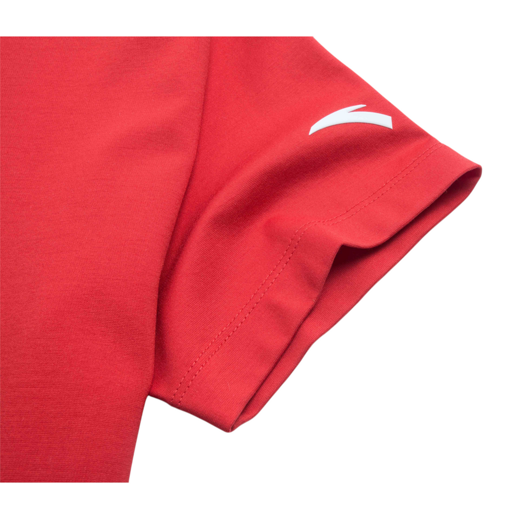FRG red short sleeve t-shirt featuring a white logo detail on the sleeve