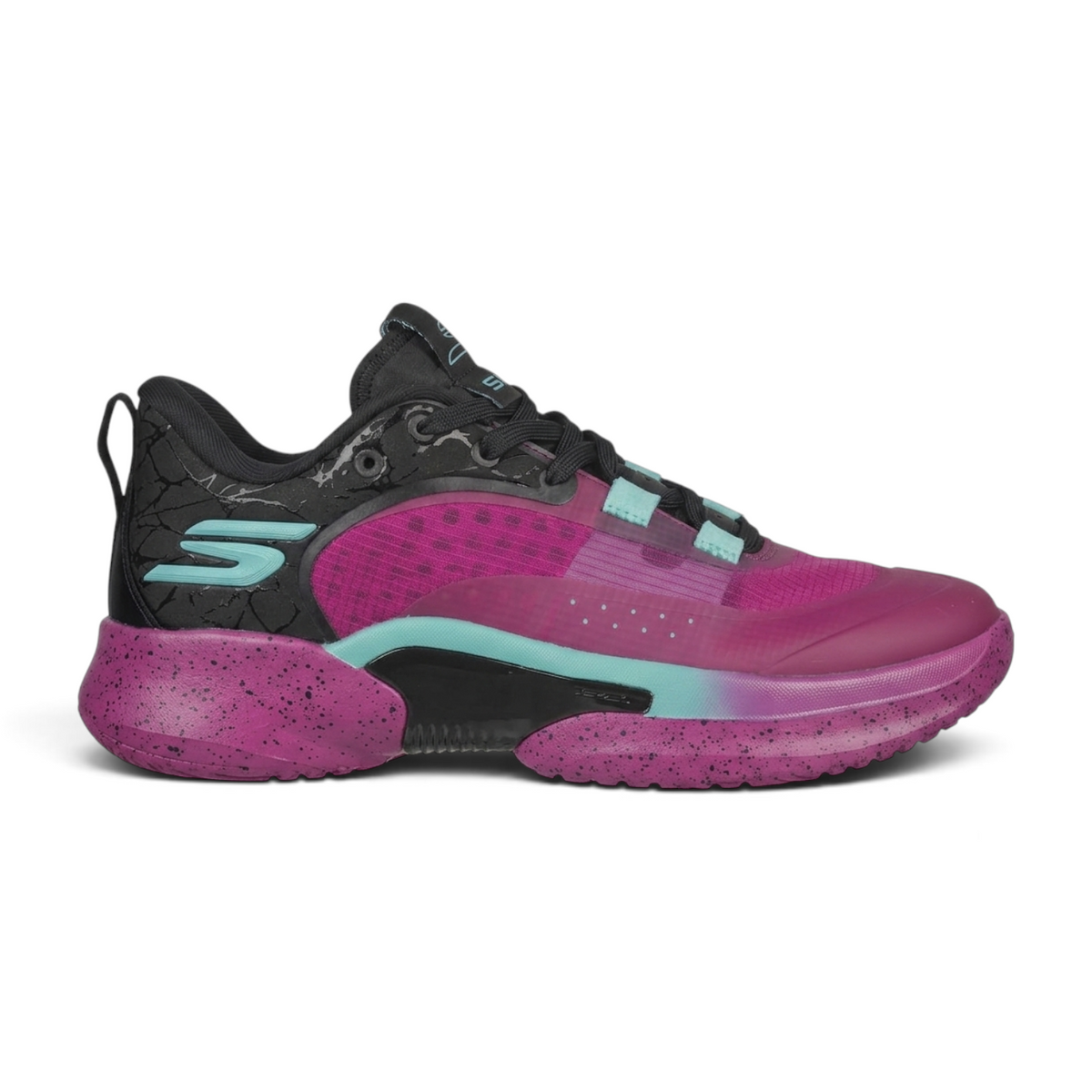 FRG Skechers Basketball RESAGRIP low-top shoes in purple and black with teal accents and speckled midsole