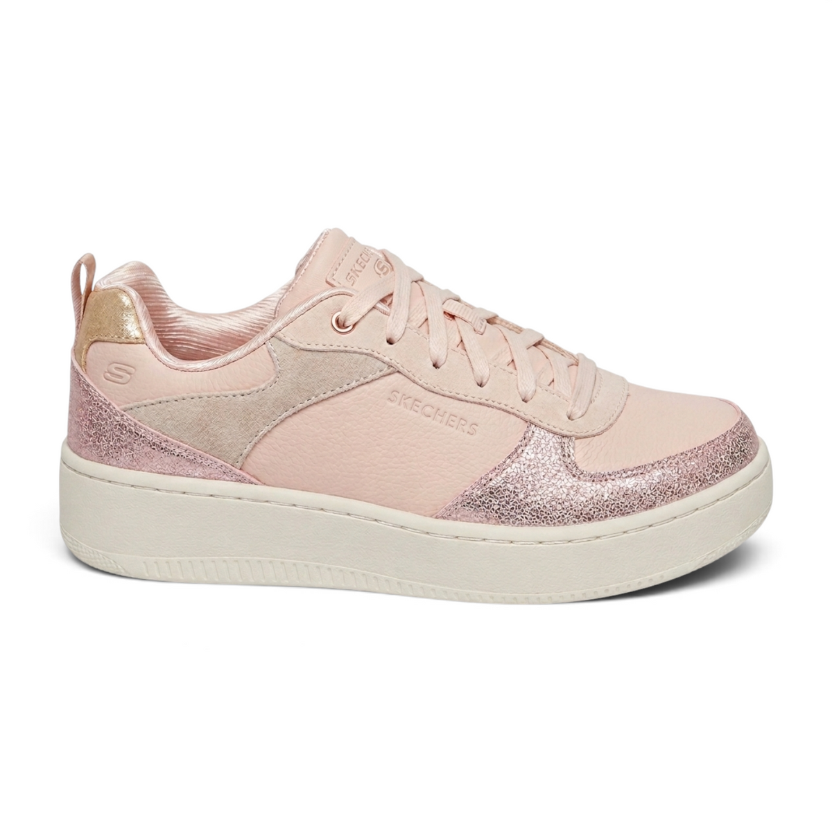 FRG Skechers Sport Court 92 Sheer Shine sneakers in light pink with metallic glitter accents and memory foam insole