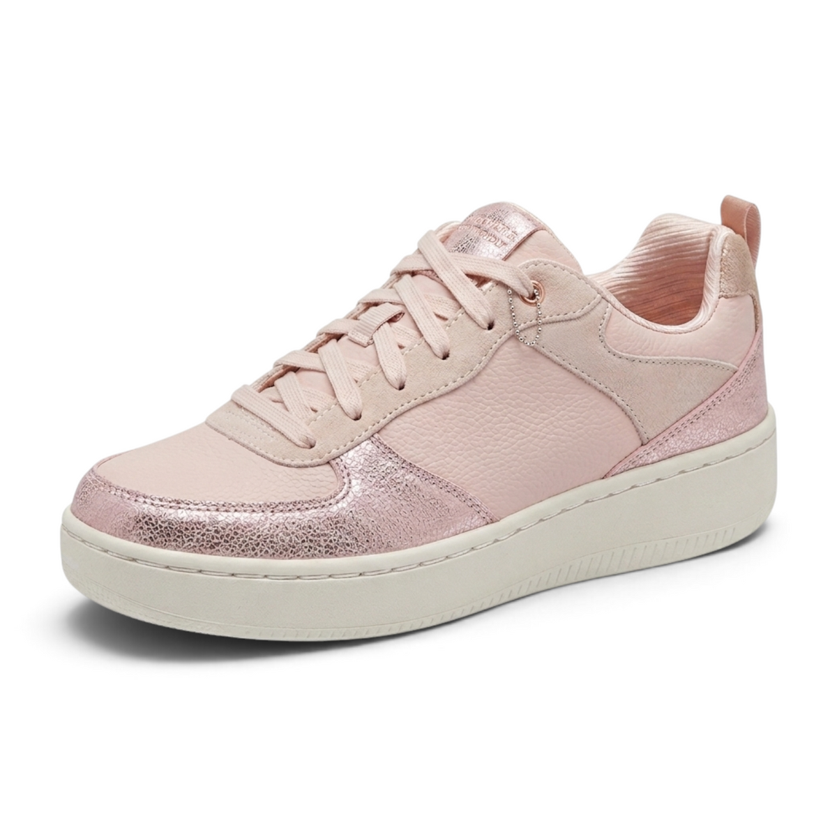 FRG Skechers Sport Court 92 Sheer Shine sneakers in light pink with metallic textured panels and memory foam insole