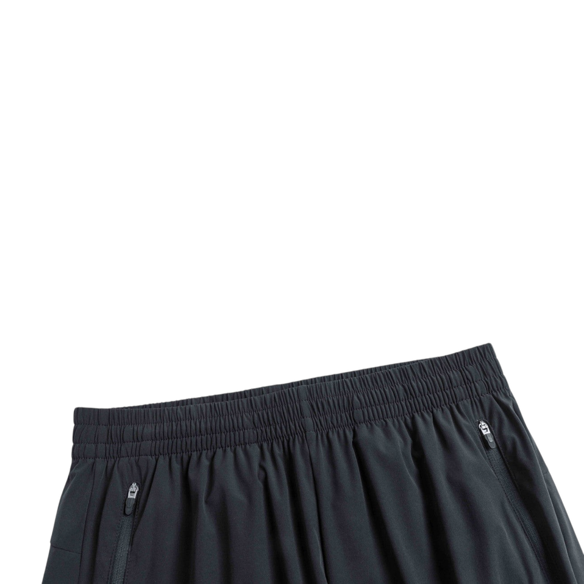 FRG black athletic running shorts with an elastic waistband and zippered pockets for secure storage