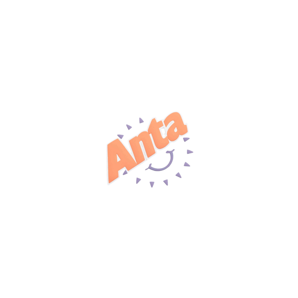 FRG white short sleeve t-shirt featuring a graphic print of the word Anta in orange with a purple smiley sun icon