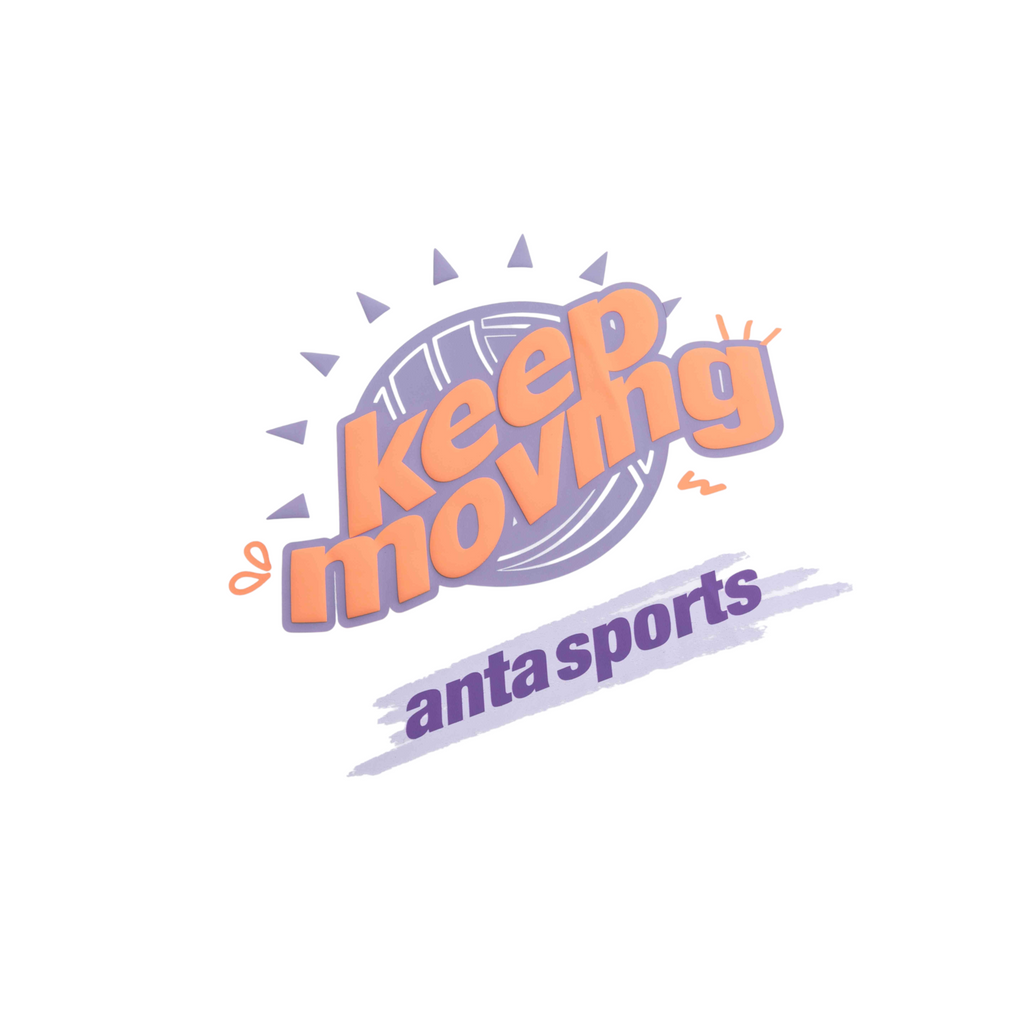 FRG white short sleeve t-shirt featuring a purple and orange Keep Moving graphic and Anta Sports logo