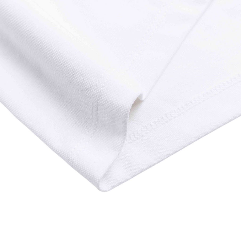 FRG white short sleeve cotton t-shirt fabric detail showing smooth texture and clean hem stitching