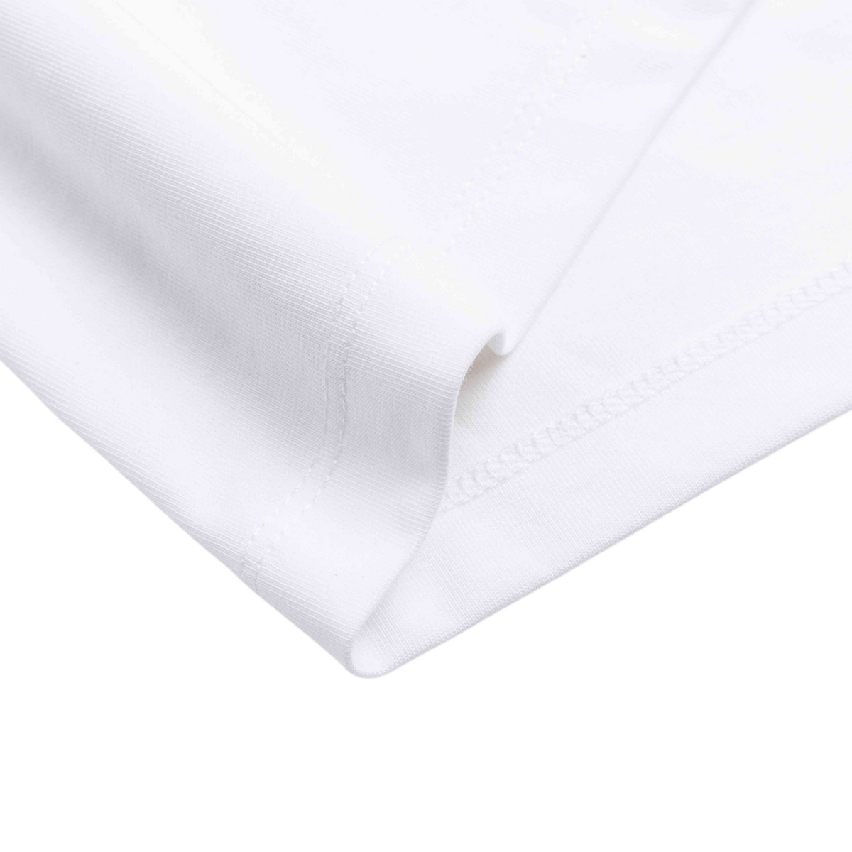 FRG white short sleeve cotton t-shirt fabric detail showing smooth texture and clean hem stitching