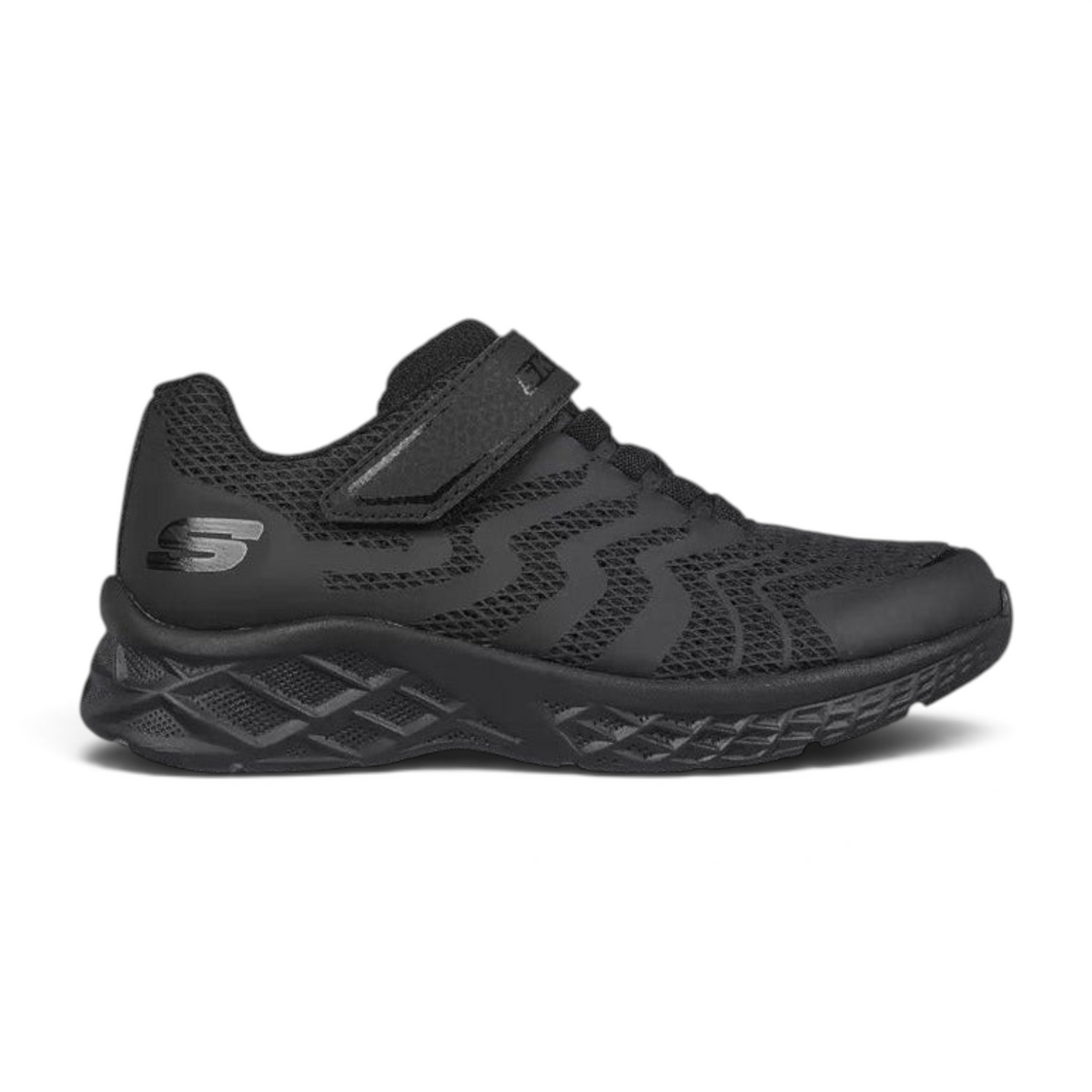 FRG MICROSPEC II kids athletic sneaker in all black with mesh upper, hook-and-loop strap, and textured sole