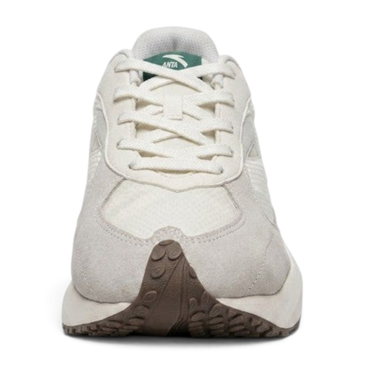 FRG Anta Heritage retro-inspired sneakers in beige and green with suede and mesh panels, front view.