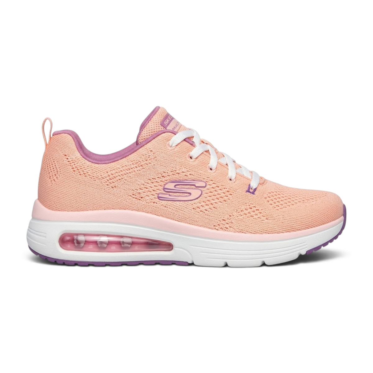 FRG Skechers Air Meta Aired Out sneakers in peach knit fabric with purple accents and a white cushioned air sole