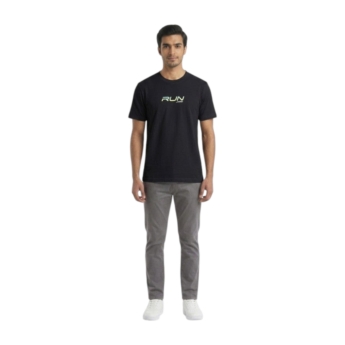 FRG ANTA black short sleeve running t-shirt with a neon graphic print worn by a male model
