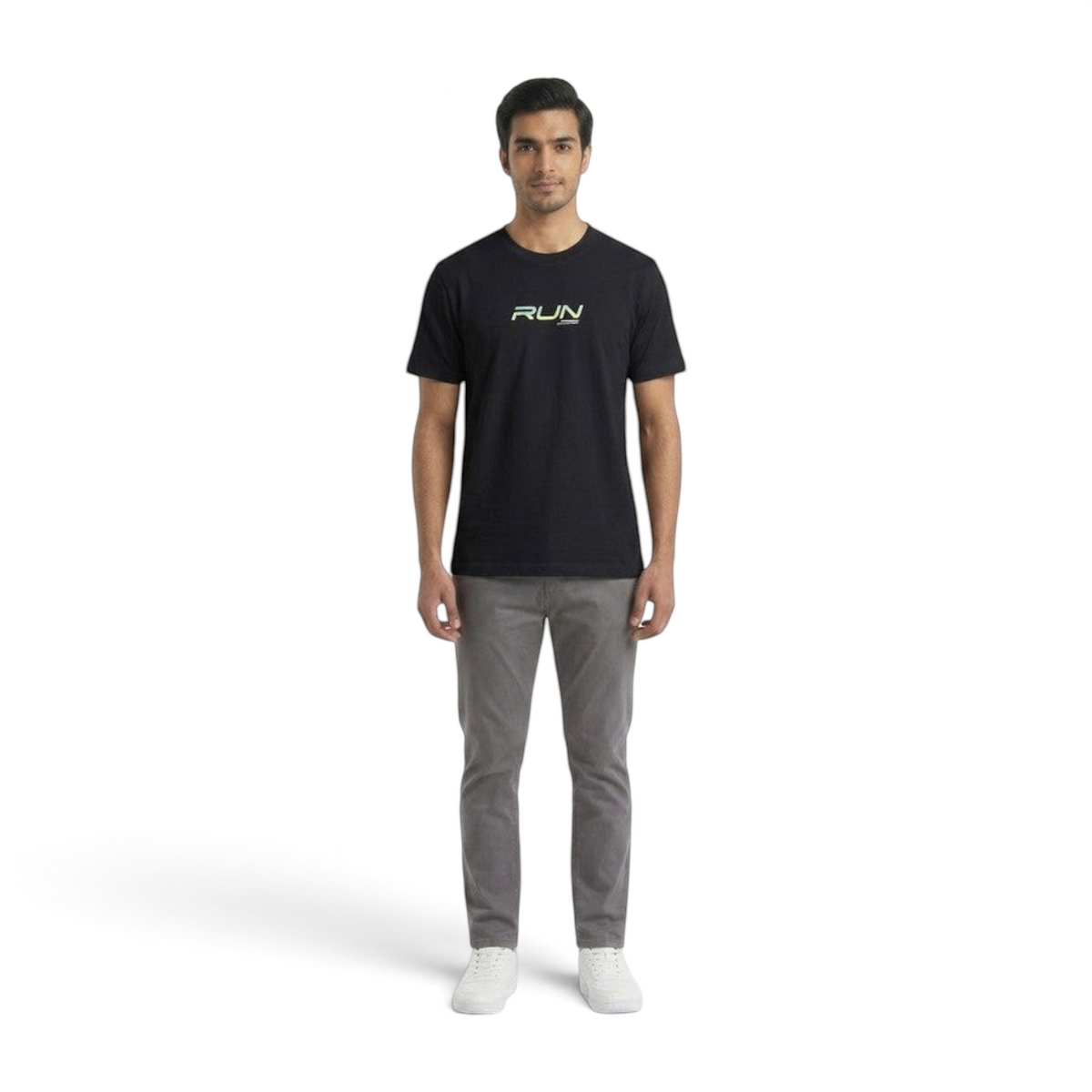FRG ANTA black short sleeve running t-shirt with a neon graphic print worn by a male model