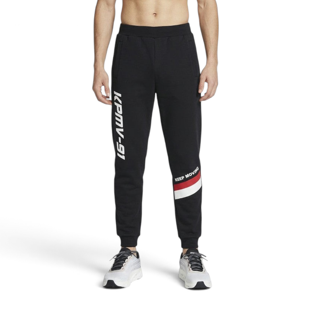 FRG ANTA black knit track pants with white KPMV-91 text and red and white stripe detail on the leg