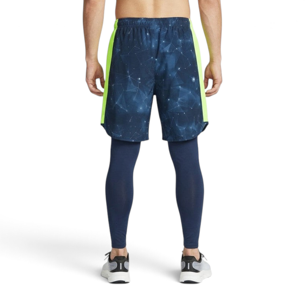 FRG ANTA Kids 2-in-1 running track pants in light moon blue with a geometric print and neon yellow side panels