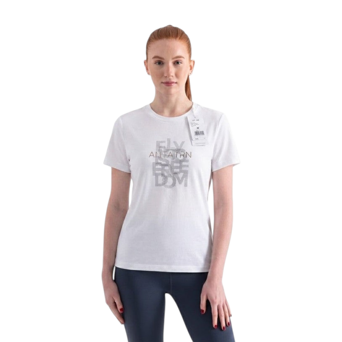 FRG women's white short-sleeve crew neck t-shirt featuring a grey ANTATRN Freedom graphic print on the chest