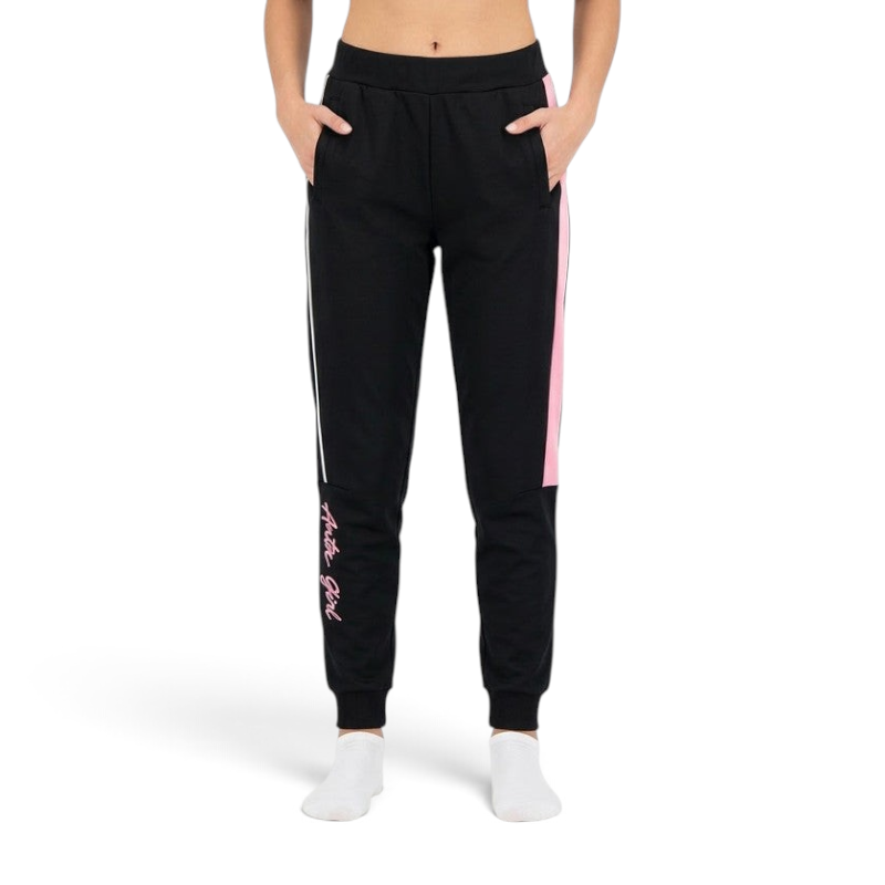 FRG ANTA black knit track pants with pink side panels and logo detail for active kids