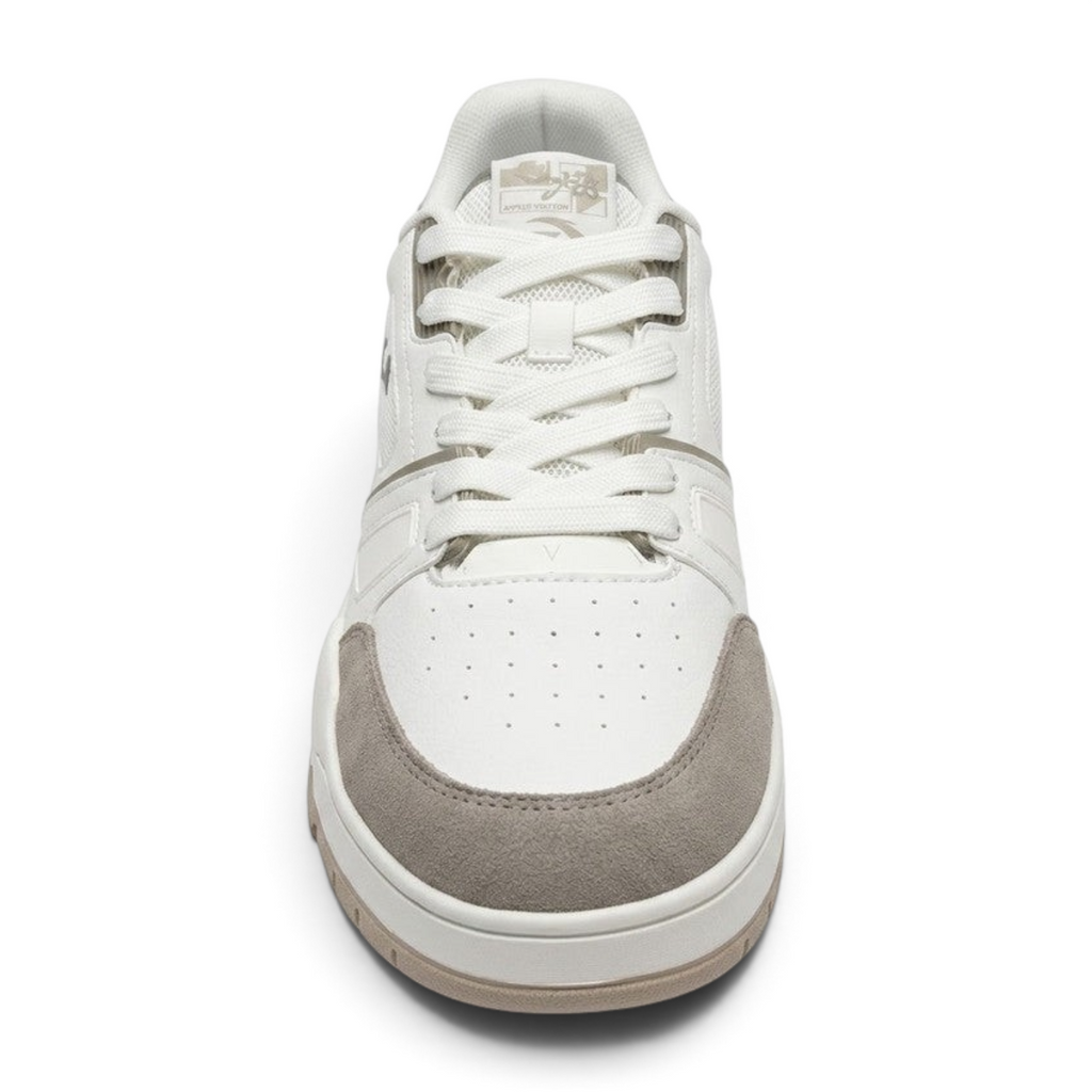 FRG ANTA X-GAME Flame 5 lifestyle sneakers in beige and brown with suede, mesh, and PU details, front view.