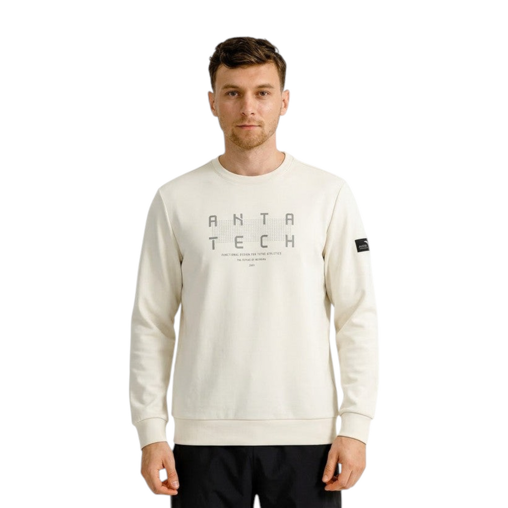 FRG ANTA light grey travel sweatshirt with crew neck, ribbed cuffs, and ANTA TECH graphic print on the chest.