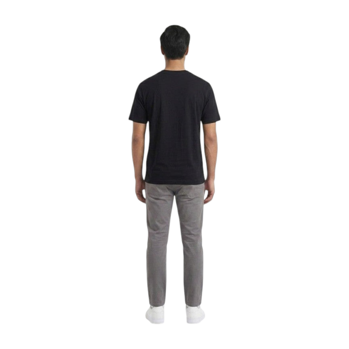 FRG ANTA retro sports black short sleeve t-shirt worn by a man from the back view with grey trousers