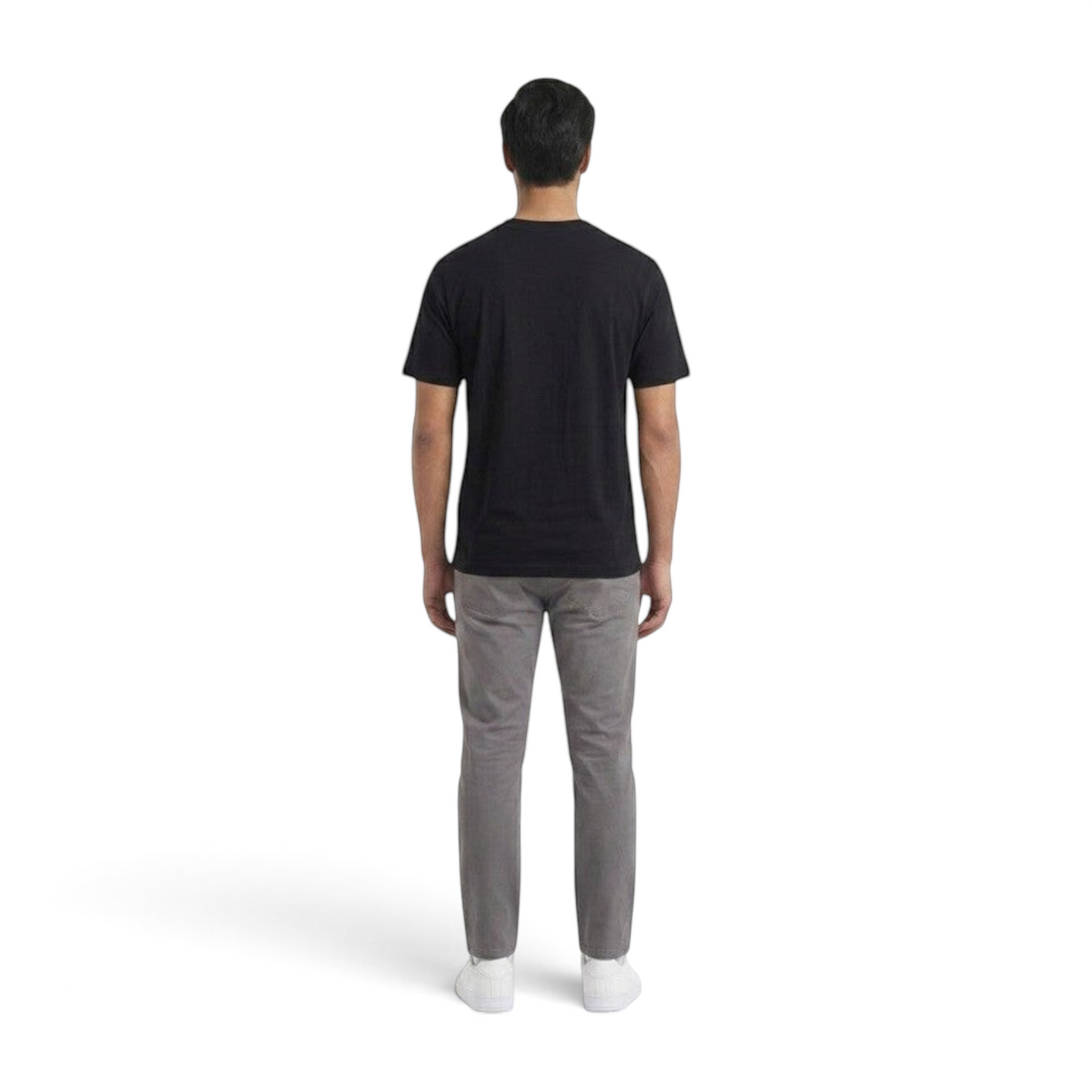 FRG ANTA retro sports black short sleeve t-shirt worn by a man from the back view with grey trousers